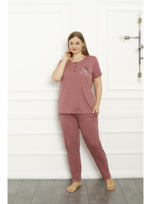 Dusty Rose - Printed - Plus Size Pyjamas - Seboteks