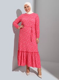Pink - Multi - Unlined - Crew neck - Plus Size Dress