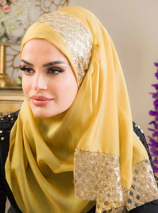 أسود - ذهبي - من لون واحد - حجابات جاهزة - AİŞE TESETTÜR