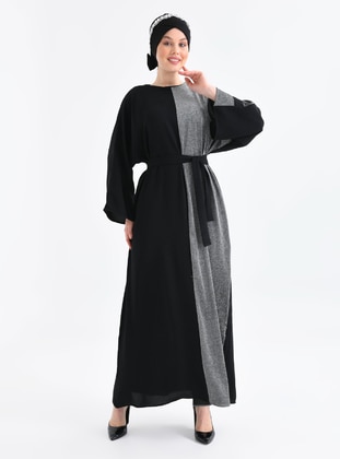 Black - Silver Color - Unlined - Modest Dress - Filizzade