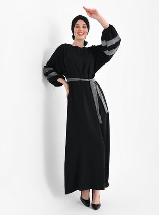 Black - Silver Color - Crew neck - Unlined - Modest Dress - Tuncay