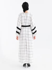 Ecru - Checkered - Crew neck - Unlined - Modest Dress