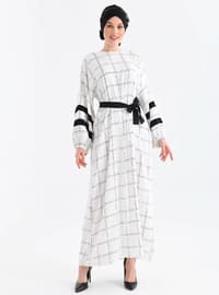 Ecru - Checkered - Crew neck - Unlined - Modest Dress