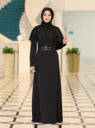 Black - Unlined - Crew neck - Modest Evening Dress - Rabeysa