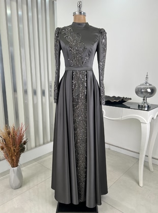 Grey - Fully Lined - Crew neck - Modest Evening Dress - Rana Zenn