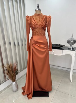 Orange - Fully Lined - Crew neck - Modest Evening Dress - Rana Zenn