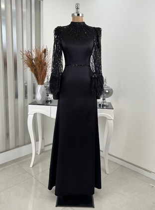 Black - Fully Lined - Fully Lined - Crew neck - Crew neck - Modest Evening Dress - Rana Zenn