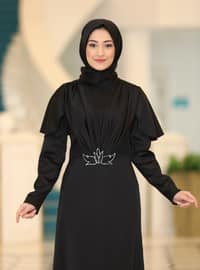 Black - Unlined - Crew neck - Modest Evening Dress