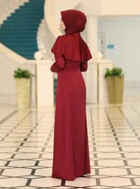 Burgundy - Unlined - Crew neck - Modest Evening Dress