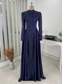 Navy Blue - Fully Lined - Crew neck - Modest Evening Dress