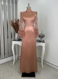 Crew neck - Rose - Fully Lined - Crew neck - Modest Evening Dress
