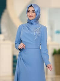 Blue - Unlined - - Modest Evening Dress