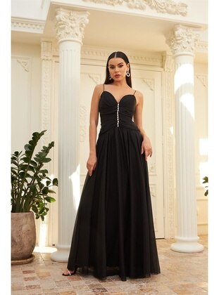 Black - Fully Lined - 1000gr - V neck Collar - Evening Dresses - Carmen