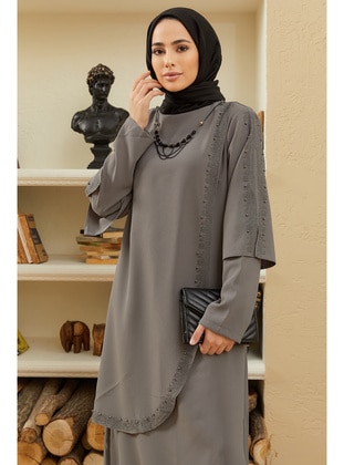 VAVİNOR Gray Modest Plus Size Evening Dress