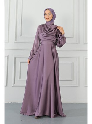 Lilac Collar Detailed Sleeve Tied Satin Hijab Evening Dresses