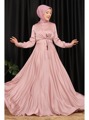 Powder Mevlana Model Side Tie Detailed Hijab Satin Evening Dresses