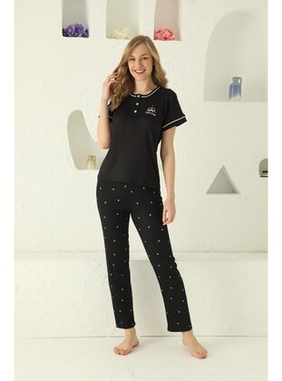 Black - Button Collar - Printed - Pyjama Set - Seboteks