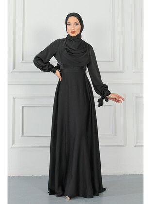 Black Collar Detailed Sleeve Tied Satin Hijab Evening Dresses