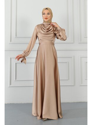 Mink Collar Detailed Sleeve Tied Satin Hijab Evening Dresses