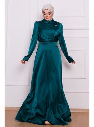 Emerald Green Judge Collar Front Drape Detailed Satin Hijab Evening Dresses