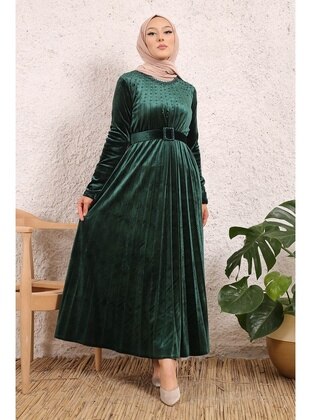 Emerald Green Collar Detailed Pleated Velvet Hijab Evening Dresses