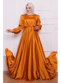 Satin Hijab Evening Dresses With Mustard Tie Detail