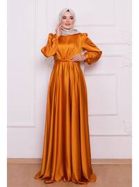 Satin Hijab Evening Dresses With Mustard Tie Detail