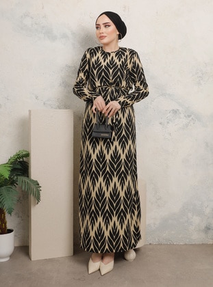 Black - Multi - Crew neck - Unlined - Modest Dress  - Modaefa