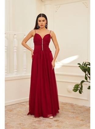 Burgundy - Fully Lined - 1000gr - V neck Collar - Evening Dresses - Carmen