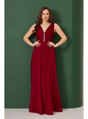 Burgundy - Fully Lined - 1000gr - V neck Collar - Evening Dresses - Carmen