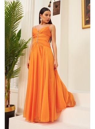 Orange - Fully Lined - 1000gr - V neck Collar - Evening Dresses - Carmen