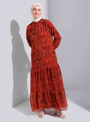 Brick Red - Multi - Polo neck - Fully Lined - Modest Dress  - Bürün