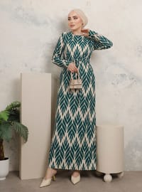Leaf Patterned Sash Dress Green