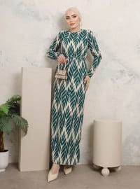 Leaf Patterned Sash Dress Green