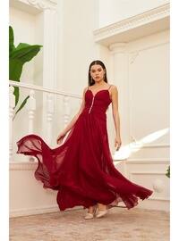 Burgundy - Fully Lined - 1000gr - V neck Collar - Evening Dresses