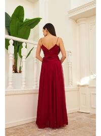 Burgundy - Fully Lined - 1000gr - V neck Collar - Evening Dresses