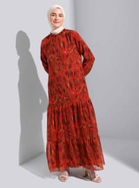 Brick Red - Multi - Polo neck - Fully Lined - Modest Dress