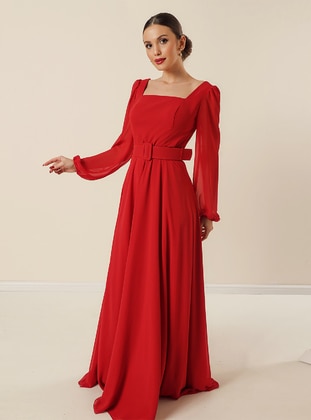 Fully Lined - Red - Sweatheart Neckline - Evening Dresses - By Saygı