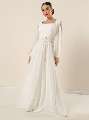 Fully Lined - White - Sweatheart Neckline - Evening Dresses - By Saygı