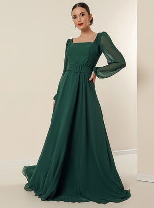 Fully Lined - Emerald - Sweatheart Neckline - Evening Dresses - By Saygı