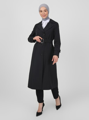 Black - Fully Lined - V neck Collar - Trench Coat - Olcay
