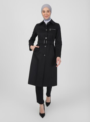 Black - Fully Lined - Point Collar - Trench Coat - Olcay