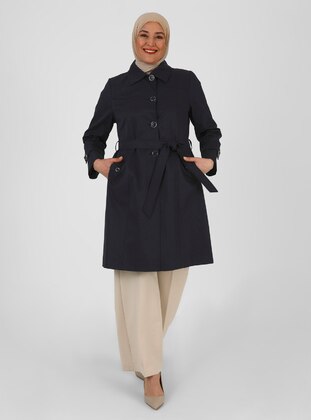 Navy Blue - Fully Lined - Point Collar - Trench Coat - Olcay