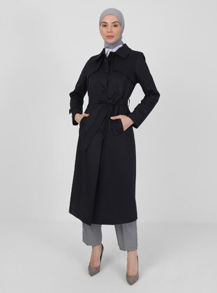 Navy Blue - Fully Lined - Point Collar - Trench Coat - Olcay