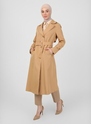 Camel - Fully Lined - V neck Collar - Trench Coat - Olcay