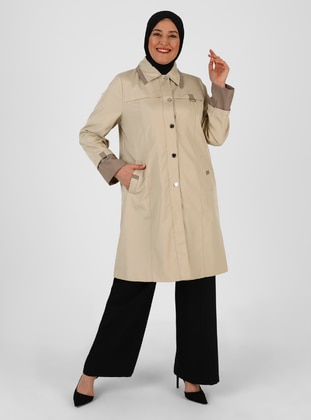 Stone Color - Fully Lined - Point Collar - Trench Coat - Olcay