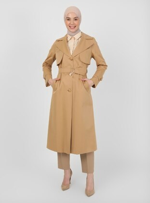 Camel - Fully Lined - Double-Breasted - Trench Coat - Olcay