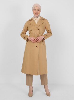 Camel - Fully Lined - Double-Breasted - Trench Coat - Olcay