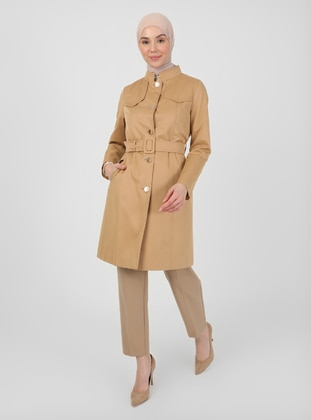 Camel - Fully Lined - Crew neck - Trench Coat - Olcay