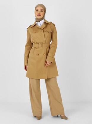 Camel - Unlined - Point Collar - Trench Coat - Olcay